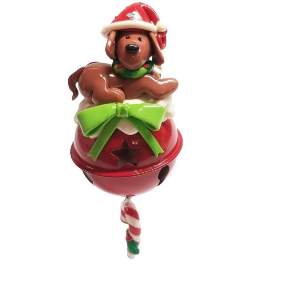 Unbranded Other - Dog Christmas Ornament w Brown Puppy on Red Bell Hanging Candy Cane Santa Hat